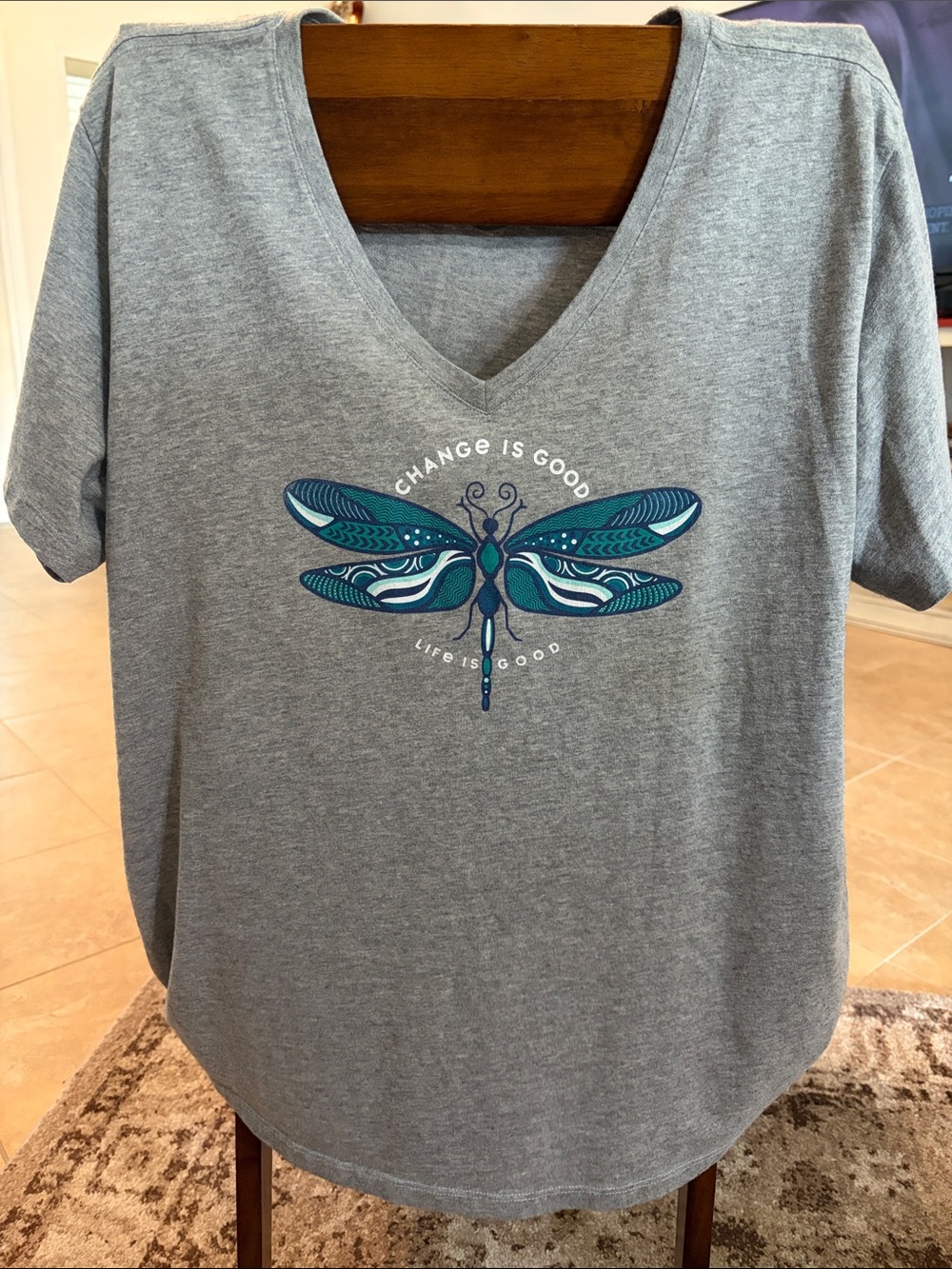Life Is Good Gray V-Neck Tee with Teal & Navy Dragonfly Graphic